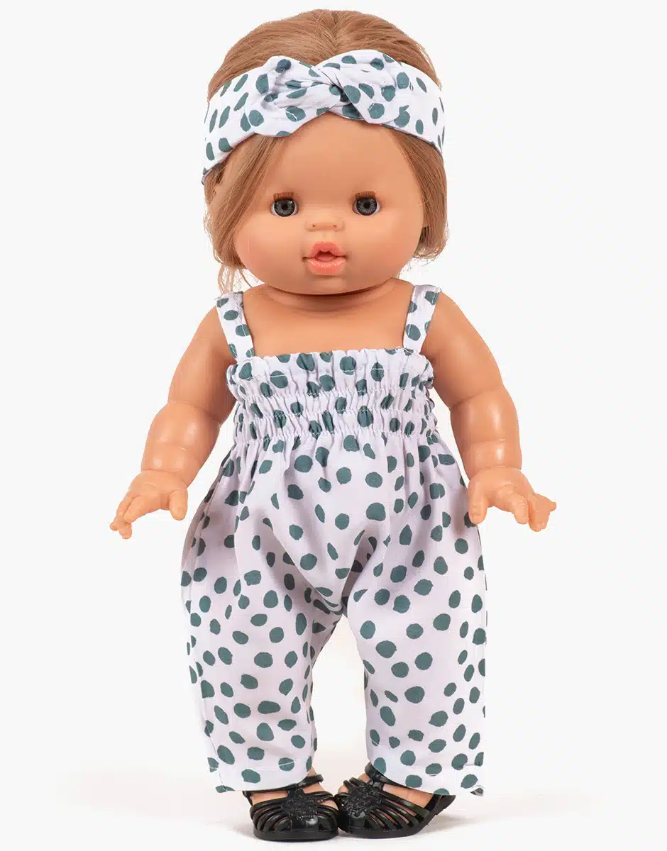 Conjunto de mono Bonnie y diadema de algodón con lunares grises Thelma con bolsa 1 Minikane Conjunto de Mono Bonnie y Diadema en estampado Thelma