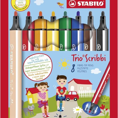 Rotulador triangular con punta de fibra amortiguada STABILO Trio Scribbi - Estuche con 8 colores
