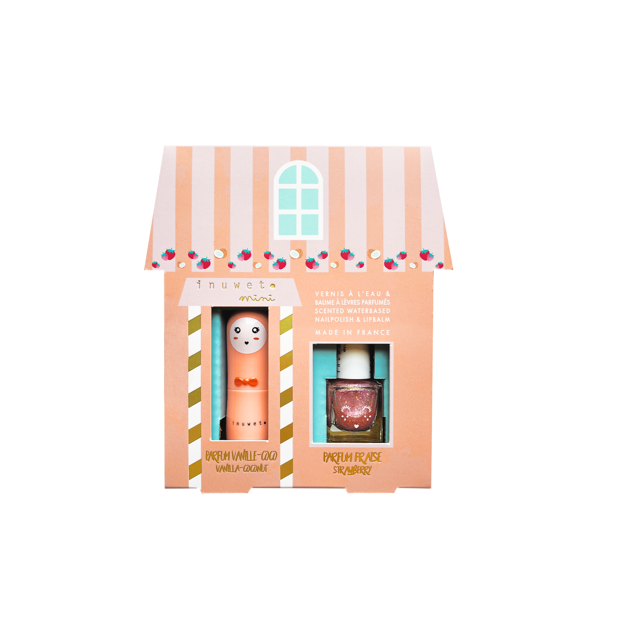 Caja regalo JULIETTE- esmalte de uñas fresa & bálsamo labial vainilla coco Caja Regalo Juliette con Esmalte de Uñas Fresa y Bálsamo Vainilla Coco – Inuwet