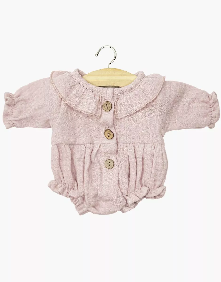 Pelele Léonore de manga larga de gasa de algodón rosa orquídea 0 Barboteuse Léonore à manches longues en gaze de coton rose orchidée Minikane