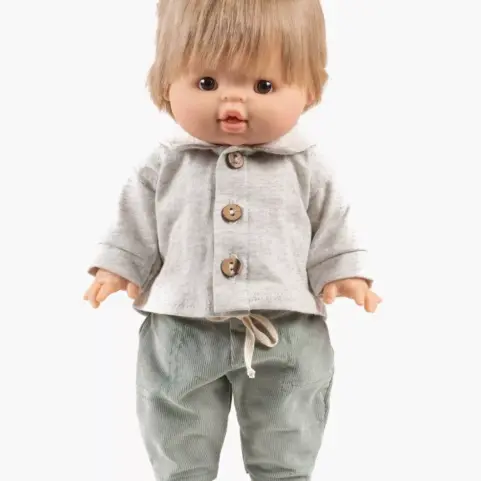 Minikane Conjunto Samy con top de jersey jaspeado color crudo y pantalón de pana fina color verde salvia.