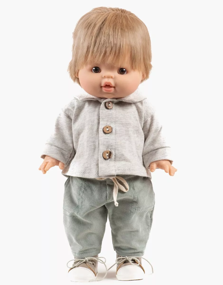 juego1 Minikane Conjunto Samy con top de jersey jaspeado color crudo y pantalón de pana fina color verde salvia.