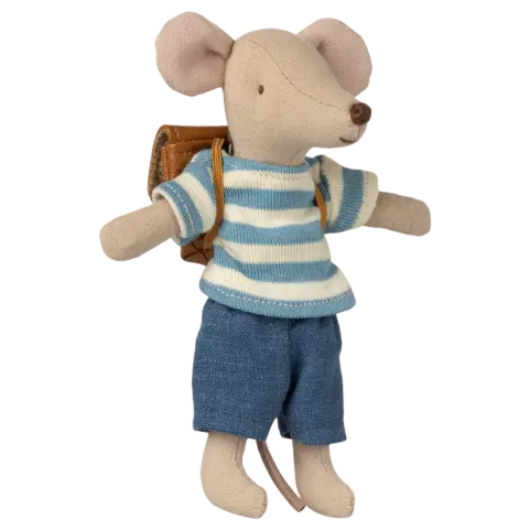 Raton triciclo hermano mayor con mochila marron Maileg